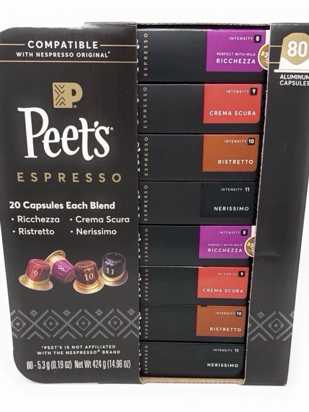 Peet's Espresso Capsules Nespresso Original Line Compatible Variety Pack 80 Ct